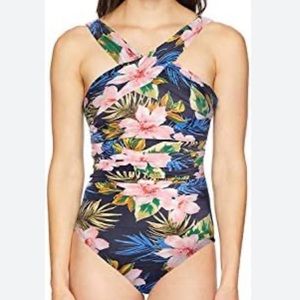 COASTAL BLUE navy blue floral modest one piece swimsuit size M (8-10) NWT